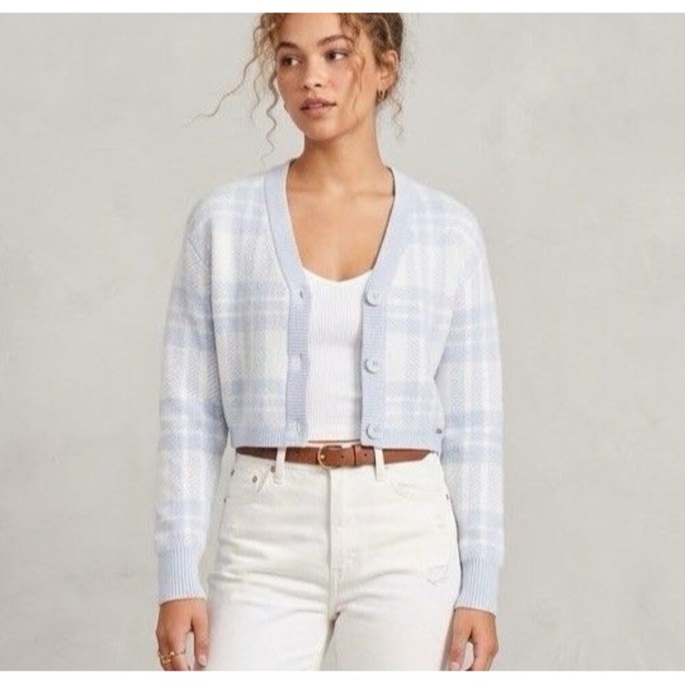 Hollister Pastel Blue & White Plaid Cropped Knit Cardigan Sweater XS Preppy Y2K